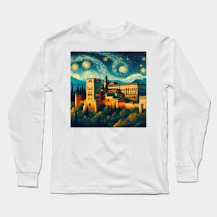 Alhambra, Granada, Spain, in the style of Vincent van Gogh's Starry Night Long Sleeve T-Shirt